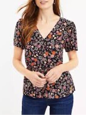 Loft Black Floral V-Neck Short Sleeve Top